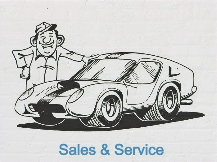 Paulli's original mechanic-and-car drawing with the words Sales and Service