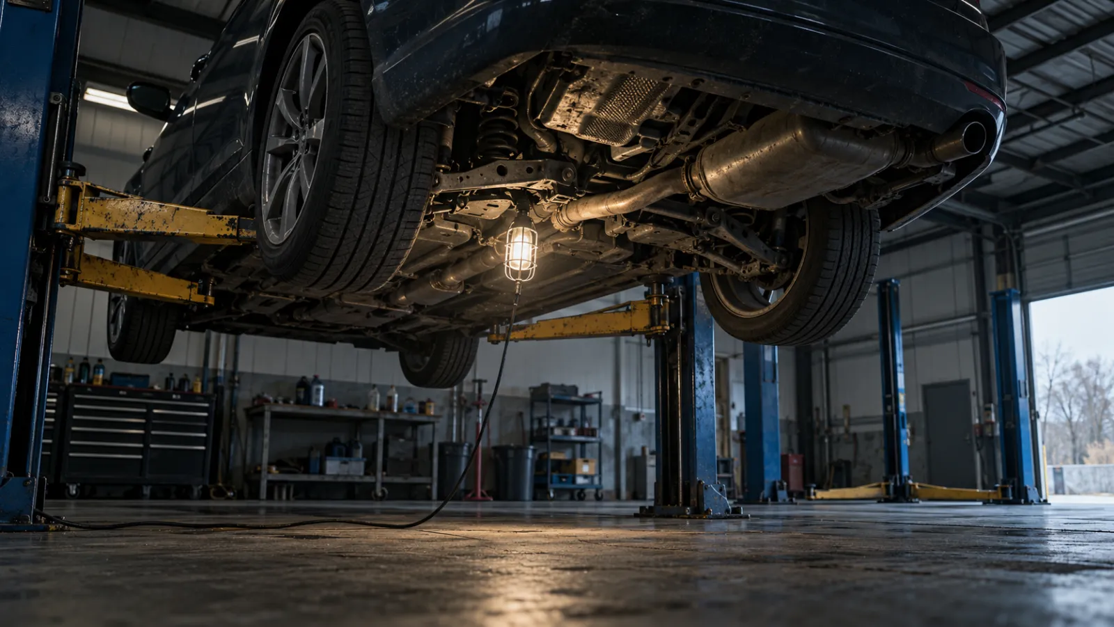 Illustrative workshop scene of a caged drop light beneath a dark sedan on a lift